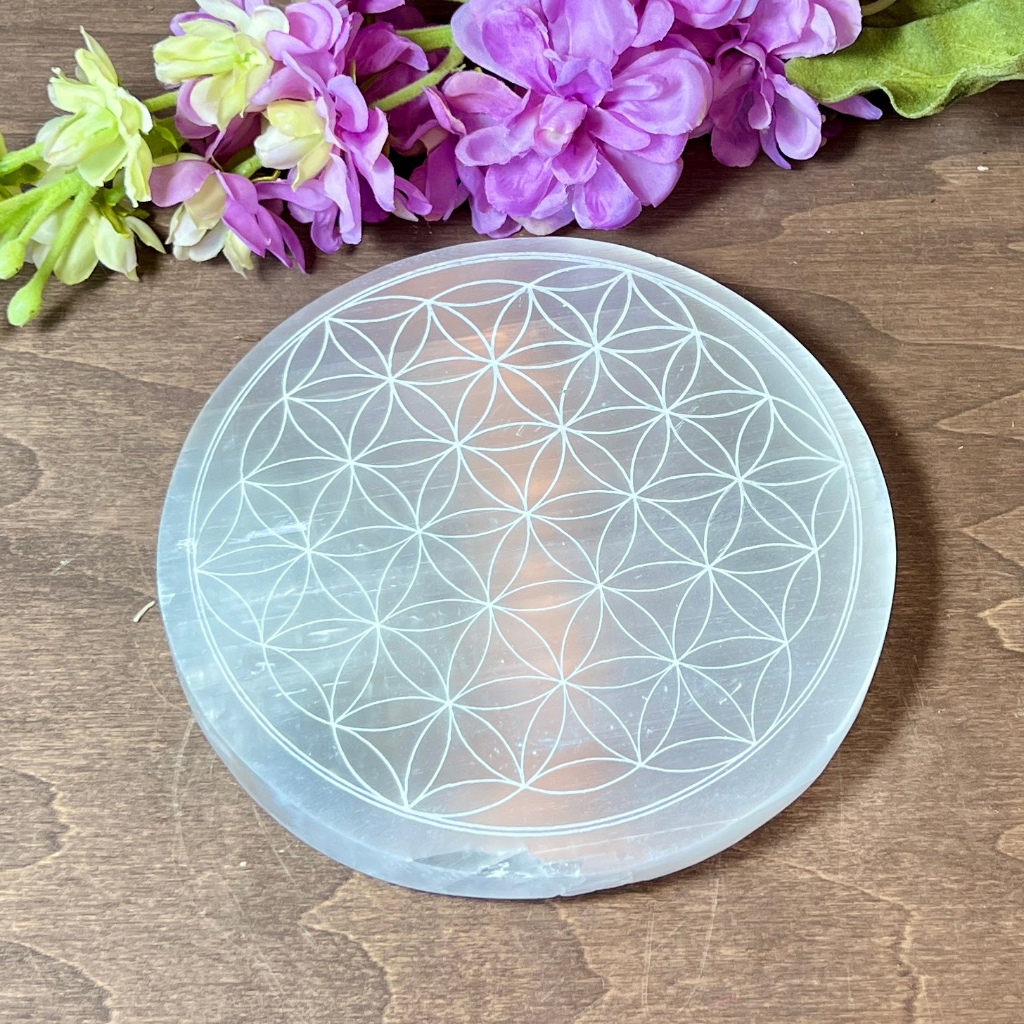 Selenite Cleansing Platform with Flower of Life Carving