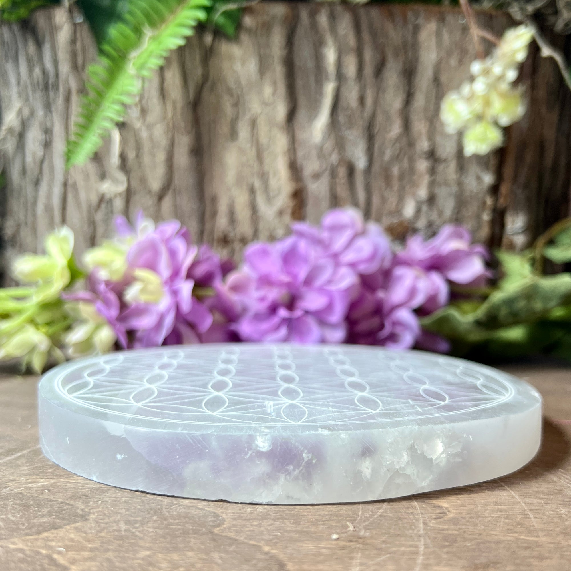 Selenite Cleansing Platform with Flower of Life Carving